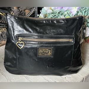 COACH Daisy Liquid Gloss Patent Leather Hobo Shoulder Bag Black Gold